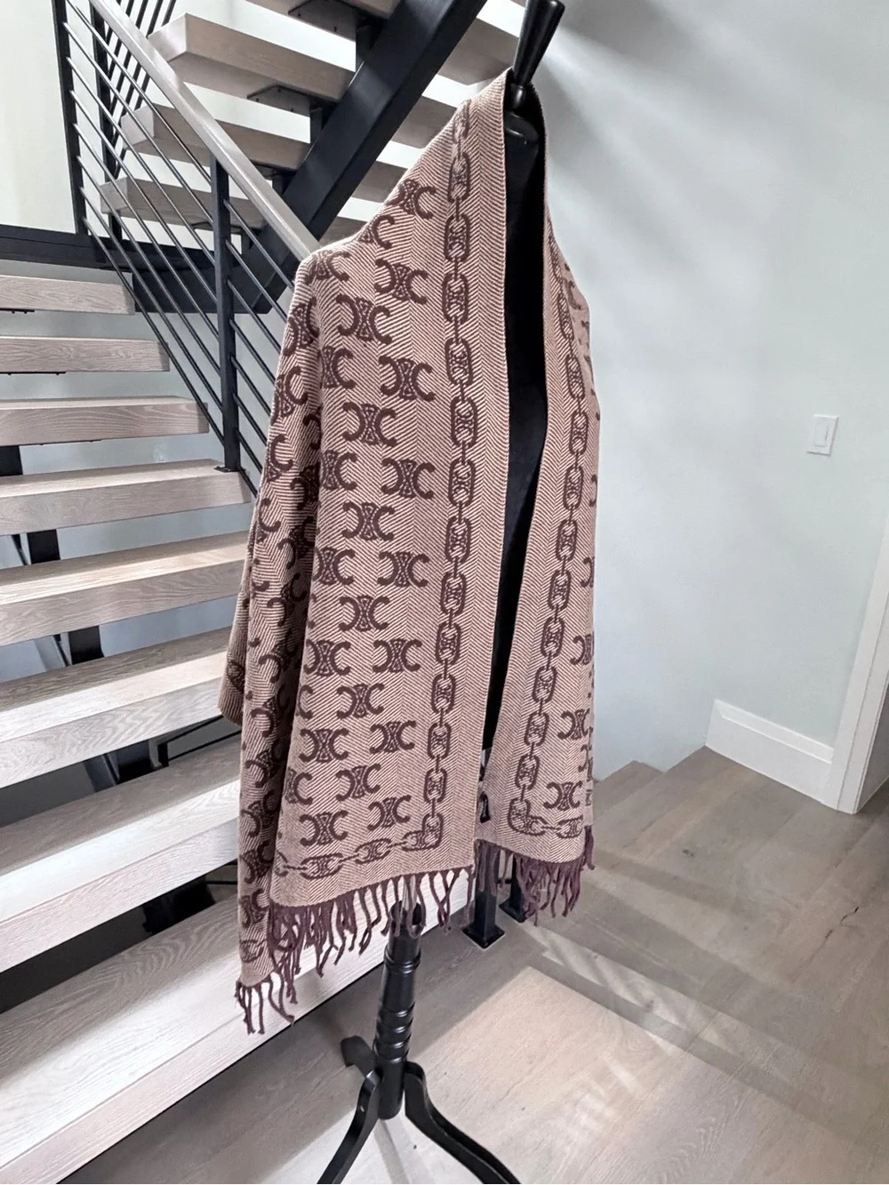 Celine Brown Double-C Monogram Cashmere Scarf with Fringe